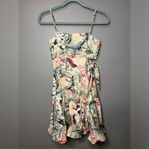 Guess Pink Floral Spaghetti Strap Smocked Sophie Linen Cut-Out Mini Dress Size 0